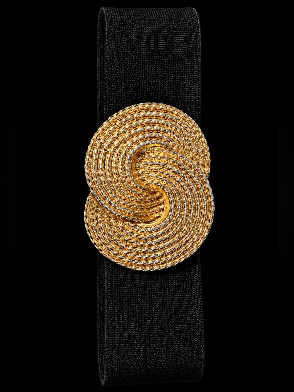 Vintage 80s NAN LEWIS Black Stretch Belt Gold Tone Swirl Buckle Statement